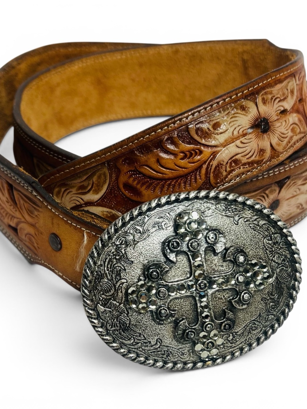 Vintage Western Tooled Leather Belt w/Rhinestone Buckle, 50.5” long
